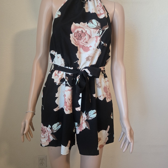 Floral Halter Neck Jumpsuit - Black and Pink - Picture 1 of 4